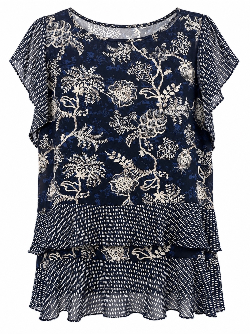 Cabi XL Navy Floral Ruffle Blouse Sheer Layered Top Boho